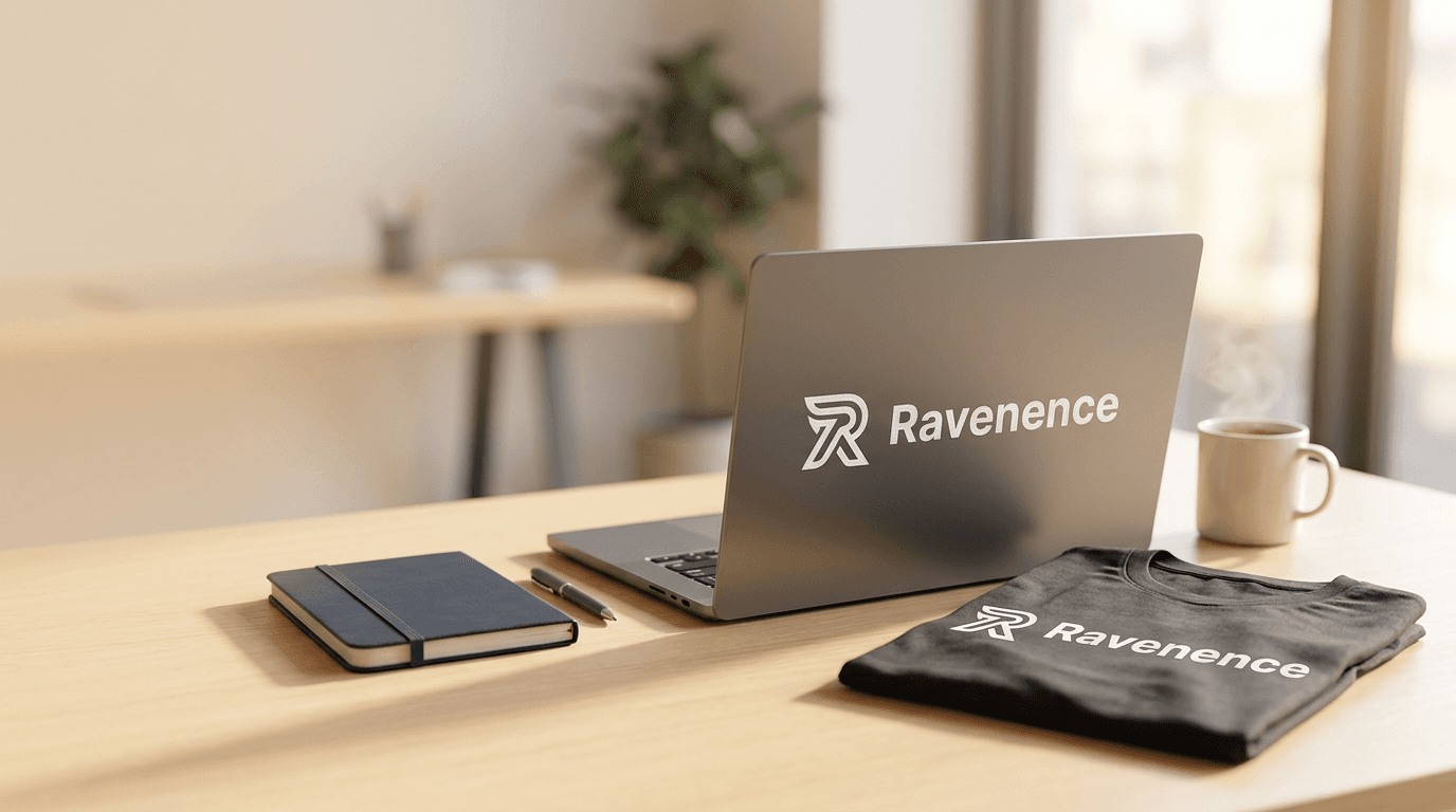 Ravenence Limited workspace with laptop, mug, and branded materials